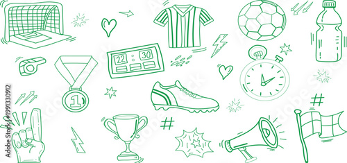 Hand Drawn Football Doodle Illustration Set on White Background – Soccer Cartoon Elements Collection