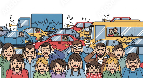 People covering ears in noisy traffic jam illustration.