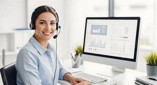 Smiling customer service representative with headset working on computer in bright office