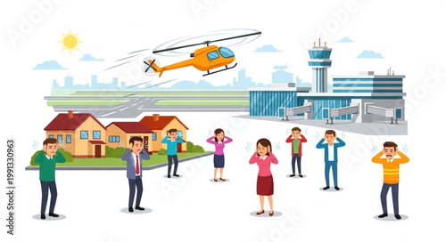 People covering ears near airport with helicopter flying overhead.