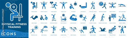 Physical Fitness Training Icon set. Strength Workout, Cardio Exercise, Power Lifting, Gym Session, Core Workout, Functional Training, Endurance Training, Weight Training and Body Conditioning