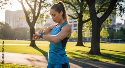 Woman checking smartwatch during outdoor fitness workout in park