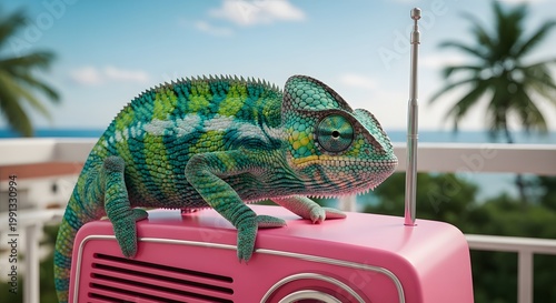 Chameleon relaxing on a pink radio with palm trees and ocean background
