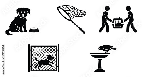 Animal welfare icons illustrating rescue, transport, and care of stray pets and wild birds for public awareness campaigns.