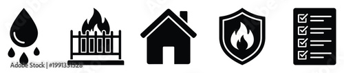 Icons representing home safety, property protection, fire and water damage risks, and insurance claim procedures for various applications