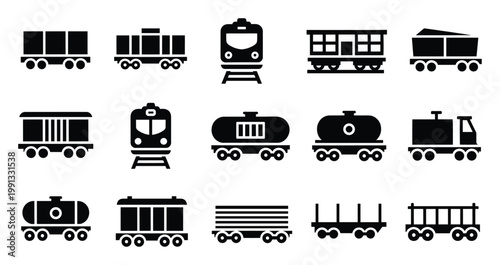 Set of various train and cargo wagon icons for transportation logistics and travel applications