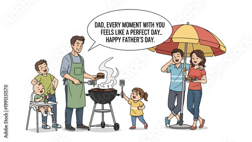 Family Celebration of Father's Day: A vibrant illustration captures the warmth of a Father's Day celebration, as a family enjoys a barbecue in their garden.