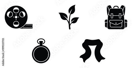 Collection of essential travel, nature, time, and film icons for diverse digital and print media projects