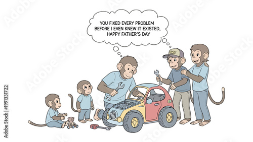 Father's Day Car Repair: A heartwarming illustration shows a group of monkeys, representing a family, coming together to fix a car. It's a symbolic scene of fatherly love and support.