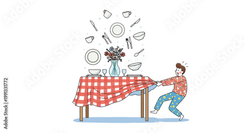 Man pulling tablecloth with dishes and utensils flying off