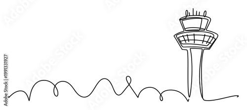 Streamlined single line design of an air traffic control tower useful for airport services and global logistics visuals