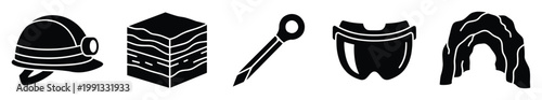 Essential mining and geological icons representing industry tools and natural formations perfect for educational and commercial design