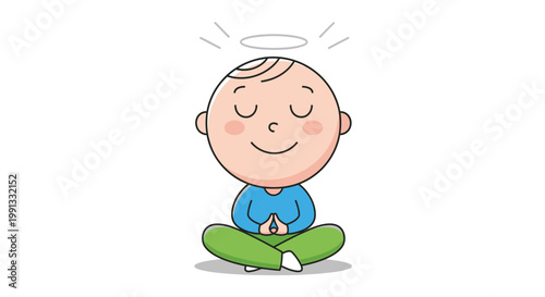 Cartoon Illustration of a Cute Baby Meditating with a Halo.