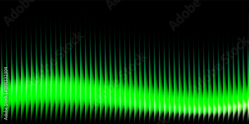 Abstract graphic displays glowing vertical green light bars creating a mesmerizing wave form against deep black fading to transparency offering a futuristic electronic texture.