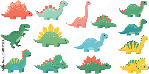 Cute dinosaur cartoon set with colorful prehistoric animals stegosaurus triceratops and brontosaurus vector illustration