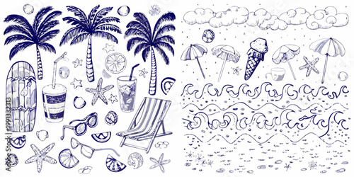 A hand drawn collection of tropical summer elements and beach accessories
