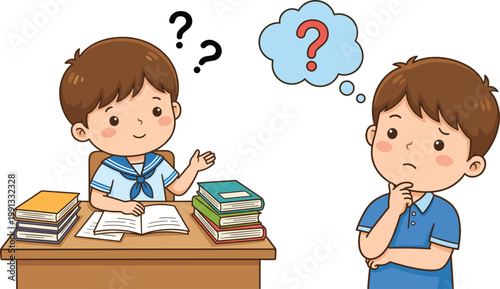 School Boy Studying at Desk with Books and Thinking Child with Question Marks Cartoon Vector Illustration of Learning, Confusion, Curiosity, and Education Concept