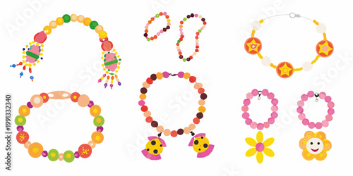 Colorful beaded necklaces and bracelets arranged on a white background