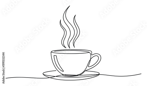 Continuous line drawing of a hot steaming coffee cup on a saucer perfect for cafe menus restaurant branding or morning beverage themes