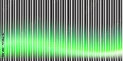 Abstract graphic displays glowing vertical green light bars creating a mesmerizing wave form against deep black fading to transparency offering a futuristic electronic texture.