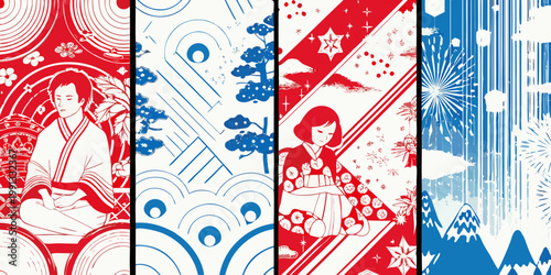 A series of vertically oriented panels featuring japanese inspired artwork