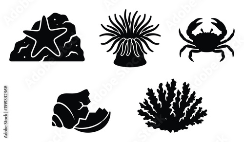 Black silhouettes of diverse marine creatures and ocean elements for underwater themes, educational resources, and graphic design projects