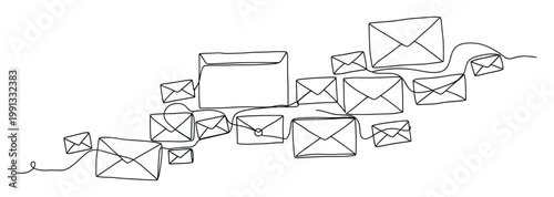 Envelopes in a continuous line drawing representing digital communication and messages for business branding