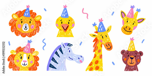 Festive animal heads wearing party hats and confetti illustrations