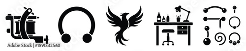 Professional tattoo studio equipment and body piercing jewelry collection for modern lifestyle and business applications