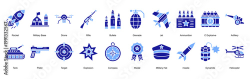 War and Military icon collection set. Containing Rocket, Military Base, Drone, Rifle, Bullets, Grenade, Jet, Ammunition icon