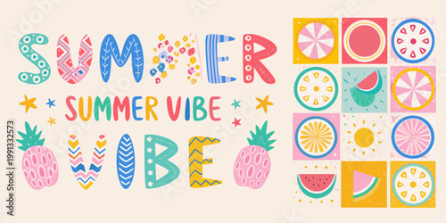 Colorful summer typography with fruit and floral design elements