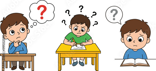 Confused School Kids Studying and Thinking with Question Marks Cartoon Vector Illustration of Children Learning, Writing, Reading, and Problem Solving in Classroom Scene