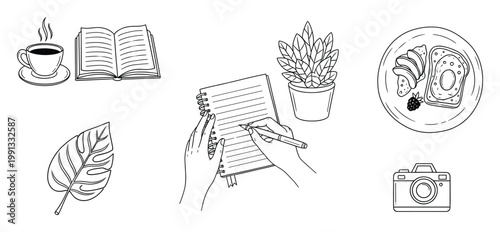 Line drawings showing elements of a relaxed daily routine including coffee, reading, writing, plants, and breakfast meals