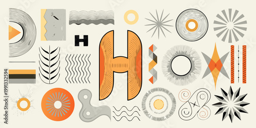 Abstract geometric composition featuring colorful shapes and linear patterns