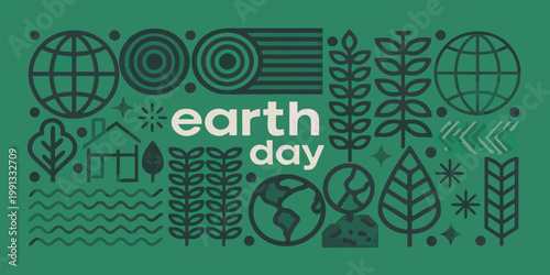 Earth day themed graphic with icons representing nature and sustainability