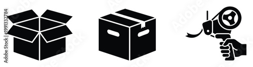 Packaging and shipping icons depicting open and closed boxes with a tape dispenser for logistics businesses