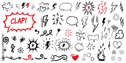 Collection of hand drawn comic book speech bubbles and action effects