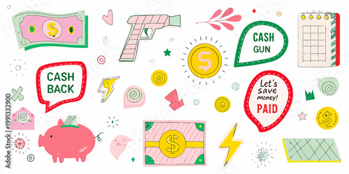 Colorful doodle illustration depicting money savings and financial concepts