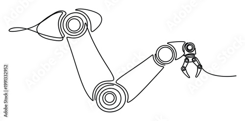 Seamless continuous line drawing of an industrial robot arm with a gripper for automation and technology.