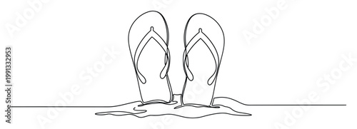 Continuous line drawing of two summer flip flops standing upright in sand for beach resort travel marketing