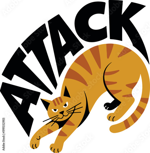 Orange tabby cat in attack pose with black text tiger