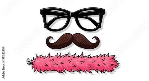 Cartoon face props glasses mustache pink feather boa