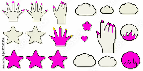 Assorted colorful hand and shape illustrations on a white background