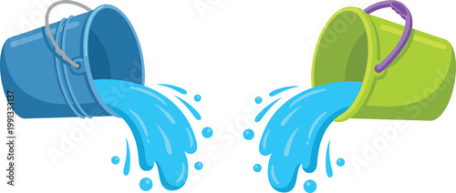 Colorful Water Buckets Pouring Splash Illustration with Blue Liquid Flow for Cleaning, Household Tasks, Gardening, Irrigation Concept, and Bright Flat Vector Design