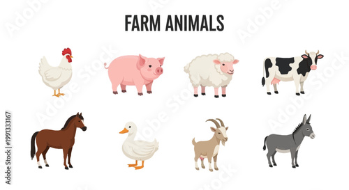 Farm animals illustration with various species.