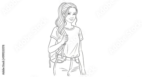 Young Woman with Backpack Standing Outdoors.