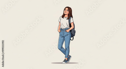 Young Woman with Backpack Standing Confidently.