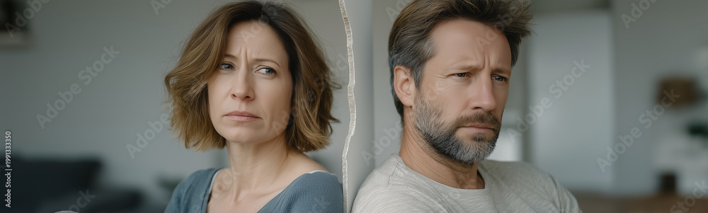 Fototapeta premium Silent Barriers: A poignant image of a couple standing back-to-back, revealing unspoken tension and emotional distance. The setting offers an intimate look at relationship struggles.