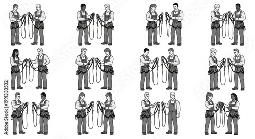 People interacting with safety equipment in various scenarios.