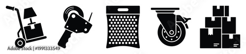 Moving and delivery service icons featuring essential logistic tools and packing materials perfect for transportation and relocation advertisements